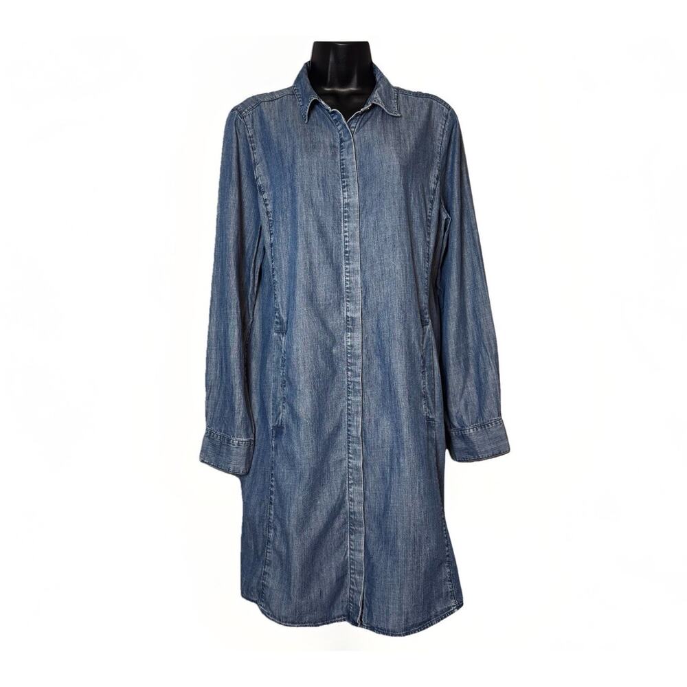 Eileen Fisher MD Mid-Length Denim Chambray Tencel Shirt Dress Pocket Long Sleeve
